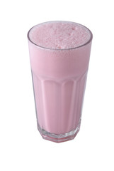 pink strawberry milkshake with froth or cocktail in a glass on a white isolated background, template for summer drink menu of coffee houses and restaurants