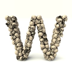3D illustration of letter W made out of skulls