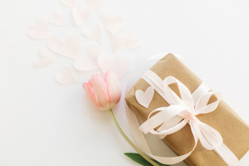 Pink tulip flat lay and gift box with ribbon on white background, space for text. Stylish soft spring image. Happy womens day. Greeting card mockup. Happy Mothers day. Romantic Valentines day