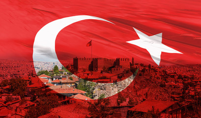 Ankara Castle, Ankara capital city of Turkey on the foreground Turkish flag
