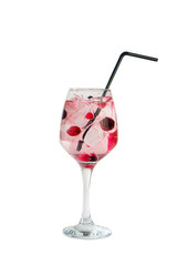 Transparent cocktail, refreshing water in a tall glass with ice cubes, straw, and berry, cherry, currant, side view, isolated white background. Drink for the menu restaurant, bar, cafe