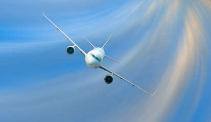 An airplane shakes during turbulence flying air hole - A plane spinning in round clouds - Front...