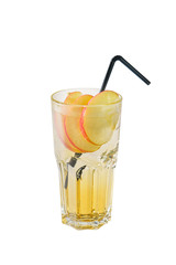 Transparent cocktail with syrup in a tall glass with straw, crushed ice frappe and slices of a red apple. Side view. Isolated white background. Drink for the menu restaurant, bar, cafe