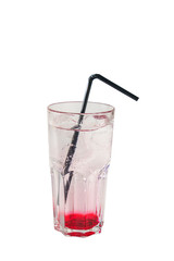 Transparent cocktail, refreshing water in a tall glass with straw, ice cubes, berry, fruit syrup. Side view. Isolated white background. Drink for the menu restaurant, bar, cafe