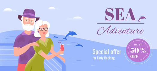 Two smiling senior spouses relax on the deck of a ship watching dolphins. Sea cruise banner template.