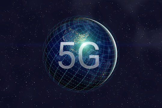 Planet earth with inscription 5G among universe.