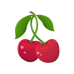 Red cherry on a white background. Two cherries on a branch with leaves. Juicy maroon berry. Sweet fruit cartoon. Hand drawn vector flat illustration