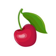 Red cherry in a vector on a white background. Garden berry with a leaf on the stem. Sweet fruit. Berry icon. Hand drawn vector illustration