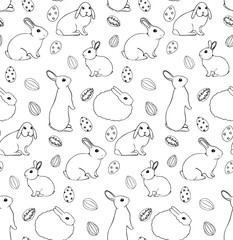 Cute bunnies with eggs pattern. Easter symbol, design element. Hand drawn vector illustration, label or card isolated on white background.