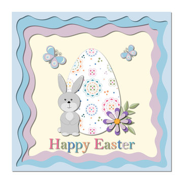 Easter greeting card with an image of a rabbit and an Easter egg with text and a wavy border