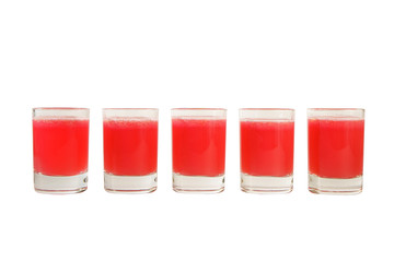 Red, same color transparent cocktails, a set of shots in one row, five servings. Side view Isolated white background. Drink for the menu restaurant, bar, cafe