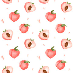Digital art cute peach seamless pattern on a white background. Print for fabrics, packaging paper and packages, posters, cards, invitations, clothes, covers, web design.