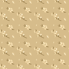 Digital art cute peach flower twig seamless pattern on sand background. Print for fabrics, packaging paper and packages, posters, cards, invitations, clothes, covers, web design.