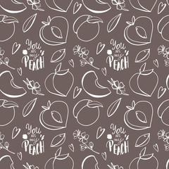 Digital art cute peach outline seamless pattern on brown background. Print for fabrics, packaging paper and packages, posters, cards, invitations, clothes, covers, web design.