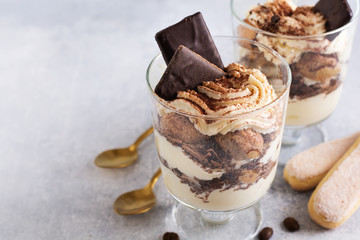 Homemade Italian dessert tiramisu with savoiardi and mascarpone,