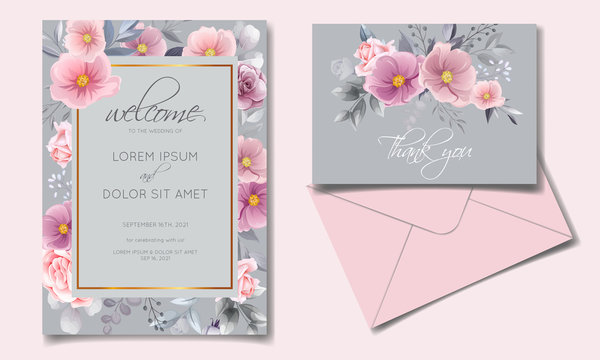 Romantic wedding invitation with beautiful rose and cosmos flower watercolor background