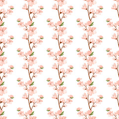 Digital art cute peach flower twig seamless pattern on white background. Print for fabrics, packaging paper and packages, posters, cards, invitations, clothes, covers, web design.