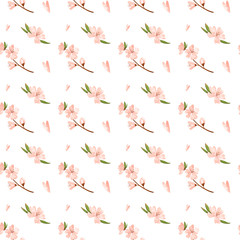 Digital art cute peach flower twig seamless pattern on white background. Print for fabrics, packaging paper and packages, posters, cards, invitations, clothes, covers, web design.