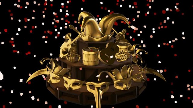 Golden Carnival Items On Wooden Display Rotate While Confetti Falls Down Seamlessly Looping Video With Transparent Background