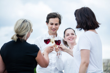 Group of friends drinking wine in a winery