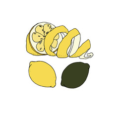 Set yellow and green lemons on a white background. Vector summer fresh tropical citrus fruits eps illustration.