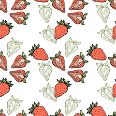 Strawberries seamless pattern with colorful and outline objects on white background hand drawn vector illustration, healthy organic food design.