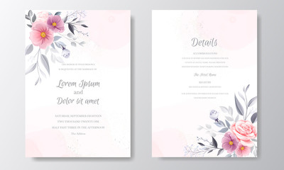 Fototapeta na wymiar Romantic wedding invitation with beautiful rose and cosmos flower watercolor background