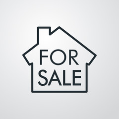 Icono plano lineal casa con texto FOR SALE en fondo gris