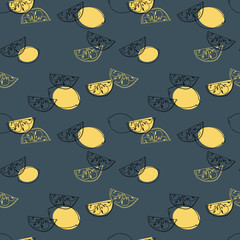 Citrons frais avec croquis sans soudure de pièce doodle motif eps vectoriel d& 39 agrumes bio sur fond bleu.