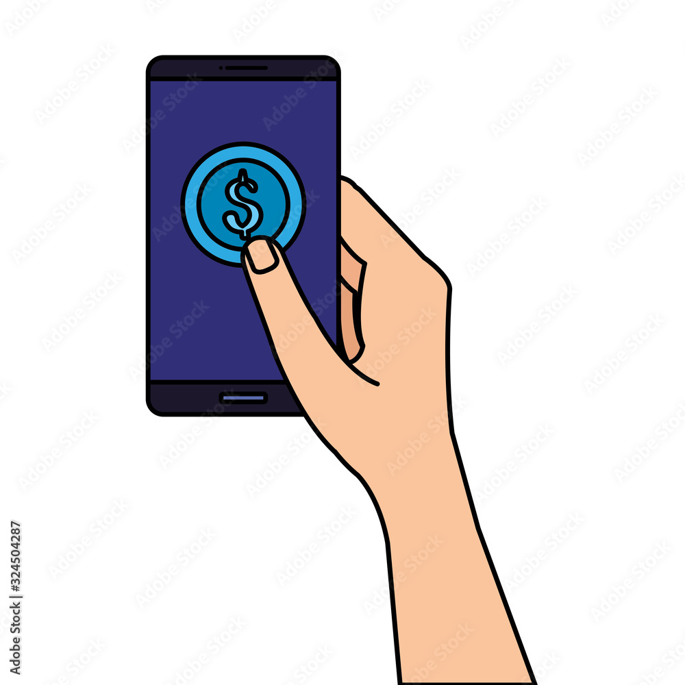 Poster hand using smartphone with coin isolated icon vector illustration design