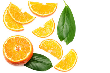 sliced orange with green leaf isolated on white background top view