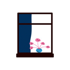 Window frame with curtains and indoor plant sketch vector illustration isolated.