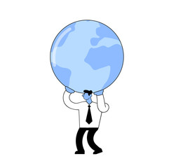 Businessman holding a big globe on his shoulders Cartoon flat vector illustration. Isolated on white background.