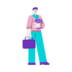 University student man holding file folder, sketch vector illustration isolated.