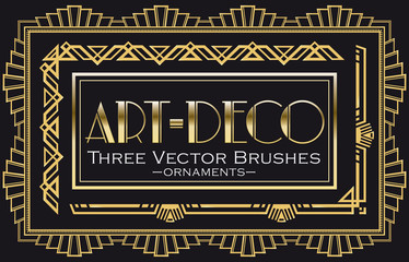 Vector golden brushes in Art-Deco style, ornaments. 3 pattern brushes made in the Art-Deco style. All brushes include outer and inner corner tiles.