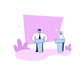 Politicians talking on public debates. Man and woman having a debate on rostrum. Gender equality concept. Cartoon flat vector illustration. Isolated on white background.