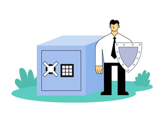 Businessman with a shield protecting savings and investments in front of big safe box. Cartoon flat vector illustration. Isolated on white background.