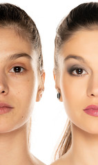 Comparison portrait of same woman before and after makeover