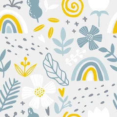 Wall murals Scandinavian style Rainbow floral seamless pattern. Abstract tile in hand-drawn simple doodle cartoon style. Scandinavian vector illustration in blue yellow pastel palette