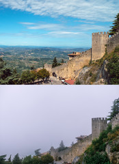 Sammer day time view panorama of mountain antic city, fortress. With sun and clear sky and cloud an fog. The concept of unpredictability of the weather, a good season for travel, San Marino, Italy