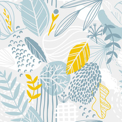 Floral seamless pattern. Abstract tile in hand-drawn simple doodle cartoon style. Scandinavian vector illustration in blue yellow pastel palette