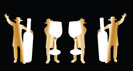 4 orthodox Hasidic Jews dancing in gold. They hold wine bottles and white glass jars. Vector drawing on a black background. Suitable for Purim, Passover and Simchat Torah (Jewish holiday).