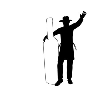 A black and white silhouette of an ultra-Orthodox Jewish Hasidic figure. Dancing with a huge bottle of white wine. Suitable for Jewish holidays, Purim, Passover, and Jewish wedding