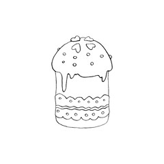 Outline Easter cake or sweet bread or Paska. Simple hand drawn illustration. Traditional orthodox food in contour doodle cartoon style for coloring book, spring, holiday, greeting card