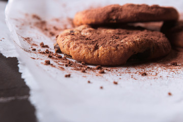 Cookie with chocolate and cocoa powder on paper 
