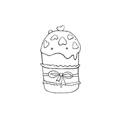 Outline Easter cake or sweet bread or Paska. Simple hand drawn illustration. Traditional orthodox food in contour doodle cartoon style for coloring book, spring, holiday, greeting card