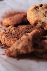 Cookie with chocolate and cocoa powder on paper 