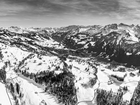 Alps in Switzerland. Graphics mountains. Retro style.