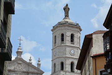 tower of cathedral with statue in Valladolid Spain