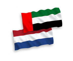 Flags of United Arab Emirates and Netherlands on a white background